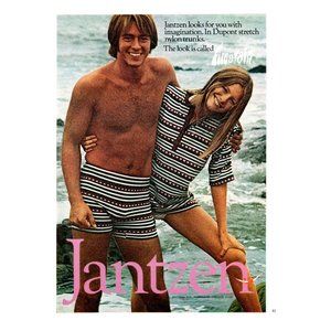 1972 Jantzen Fire and Rain Swim Wear Trunks Vintage Print Ad Beach Swimming Art